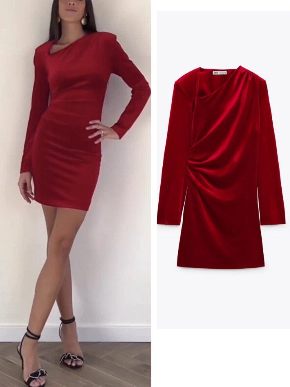 Zara Red Velvet Mini Dress M Asymmetric Draped Padded Shoulder Holiday Party